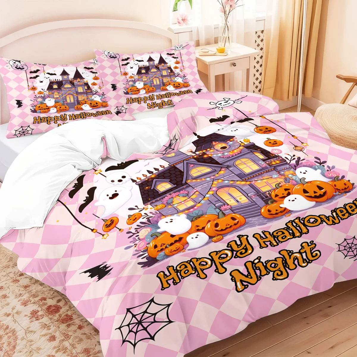 housse couette impression halloween oreillers taies d'oreiller citrouilles fantômes araignées drap lit rose noire