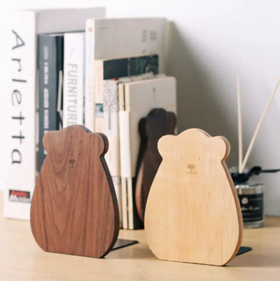Serre-livres en bois naturel forme L sur bureau