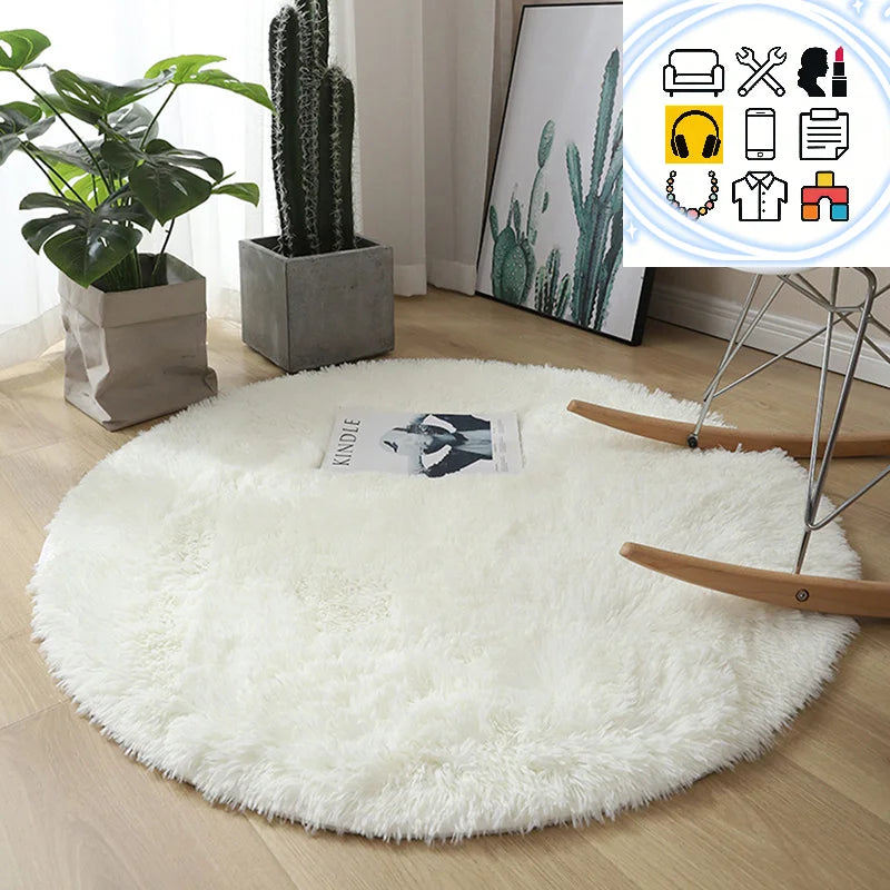 tapis rond pelucheux couleur beige blanc moderne salon enfant chambre geométrique