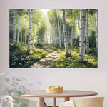 panneau mural forêt chemin naturel arbres blancs herbe verte fleurs chambre salon decoration polyester