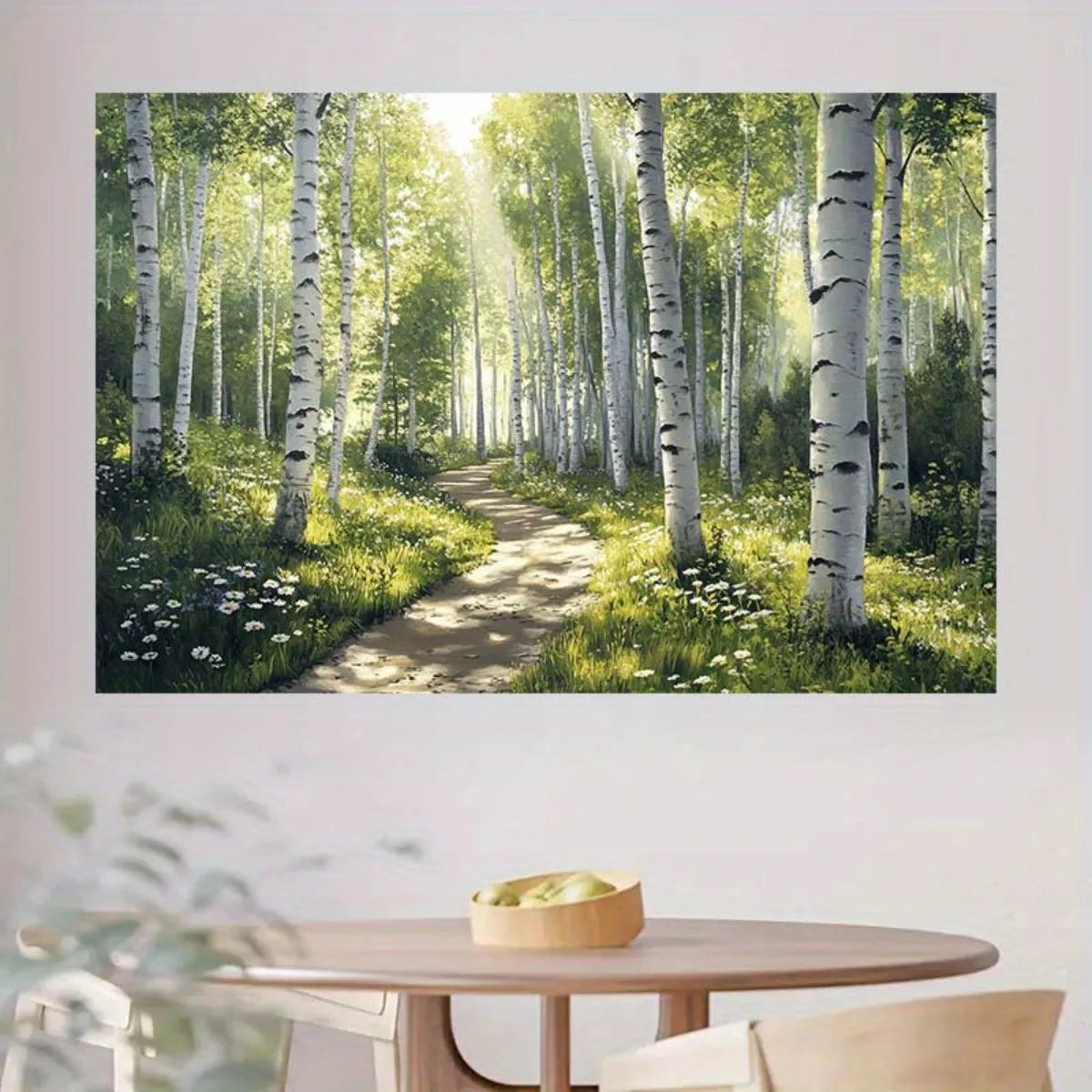 panneau mural forêt chemin naturel arbres blancs herbe verte fleurs chambre salon decoration polyester
