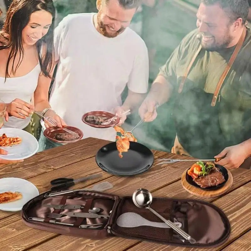 sacoche couverts cuisine portable camping barbecue spatule louche couteau fourchette pince ciseaux économe marron