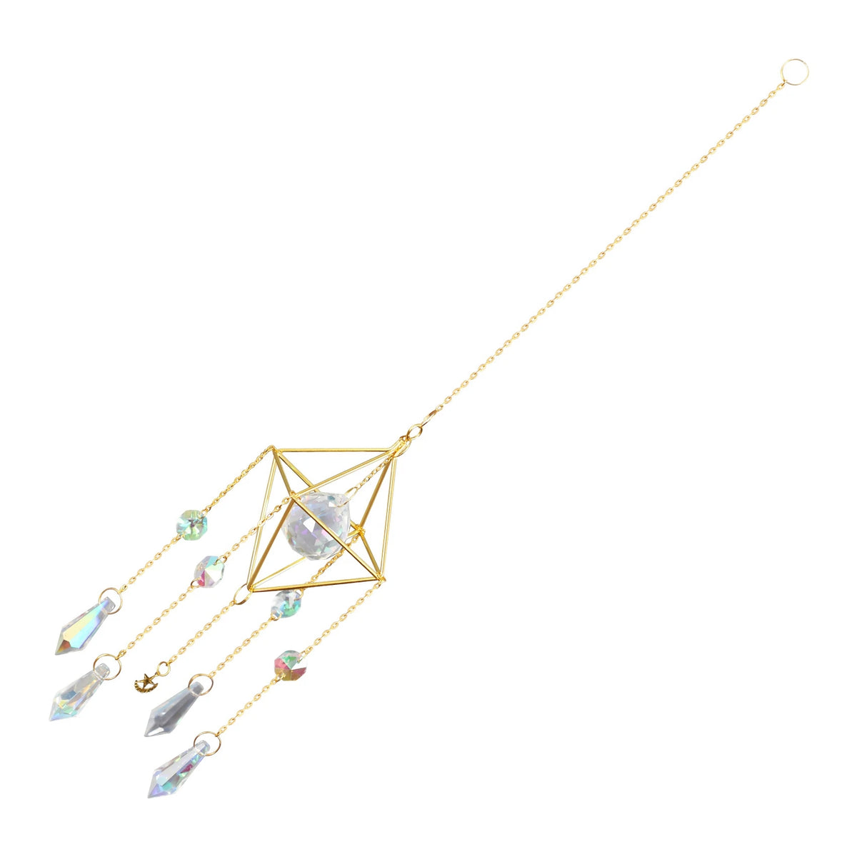 mobile décoratif cristaux suspendus or argenté transparent structure géométrique pyramide facets brillantes bohème suspension