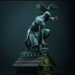 statue grise rouge verte bleue armure cape plumes fantastique médiéval oiseau structure