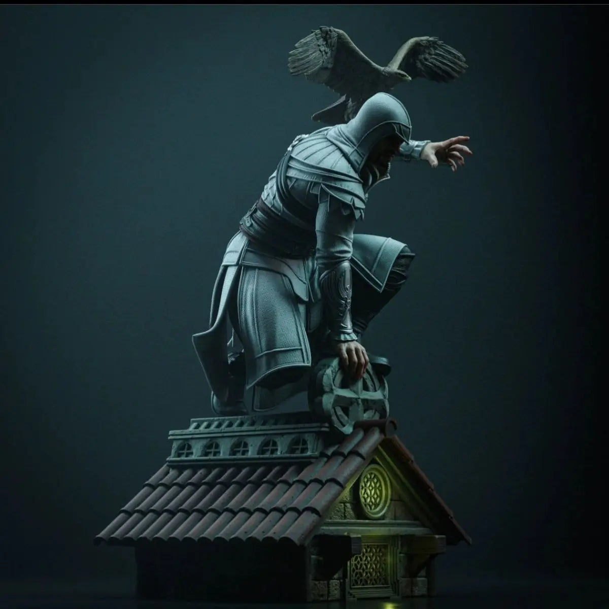 statue grise rouge verte bleue armure cape plumes fantastique médiéval oiseau structure