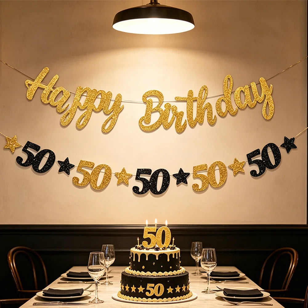 guirlande fête anniversaire or noir lettres étoiles élégante tringle fixée enfants festives