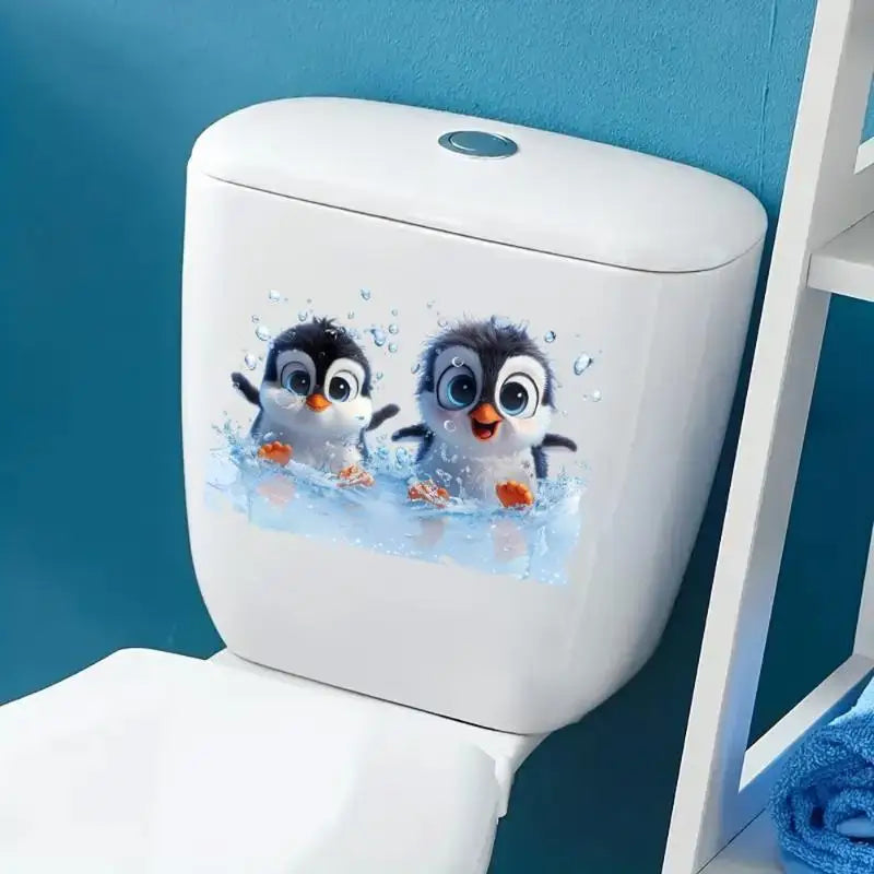 sticker mural pingouins bleu blanc noir illustration animée adhésif salle bains décoration
