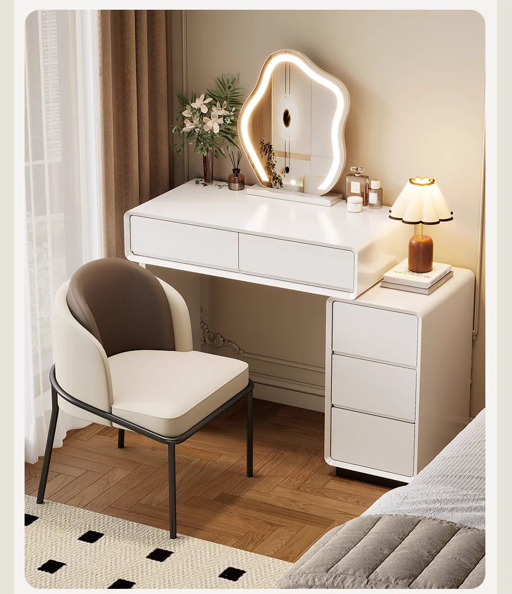 maquillage blanc moderne miroir ovale tiroirs accessoires lampe tabouret minimaliste