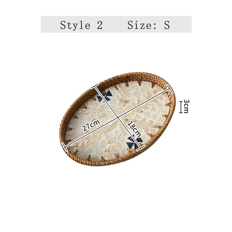 assiettes ovales rotin mosaïque coquillages boho rustique multicolore thé collations