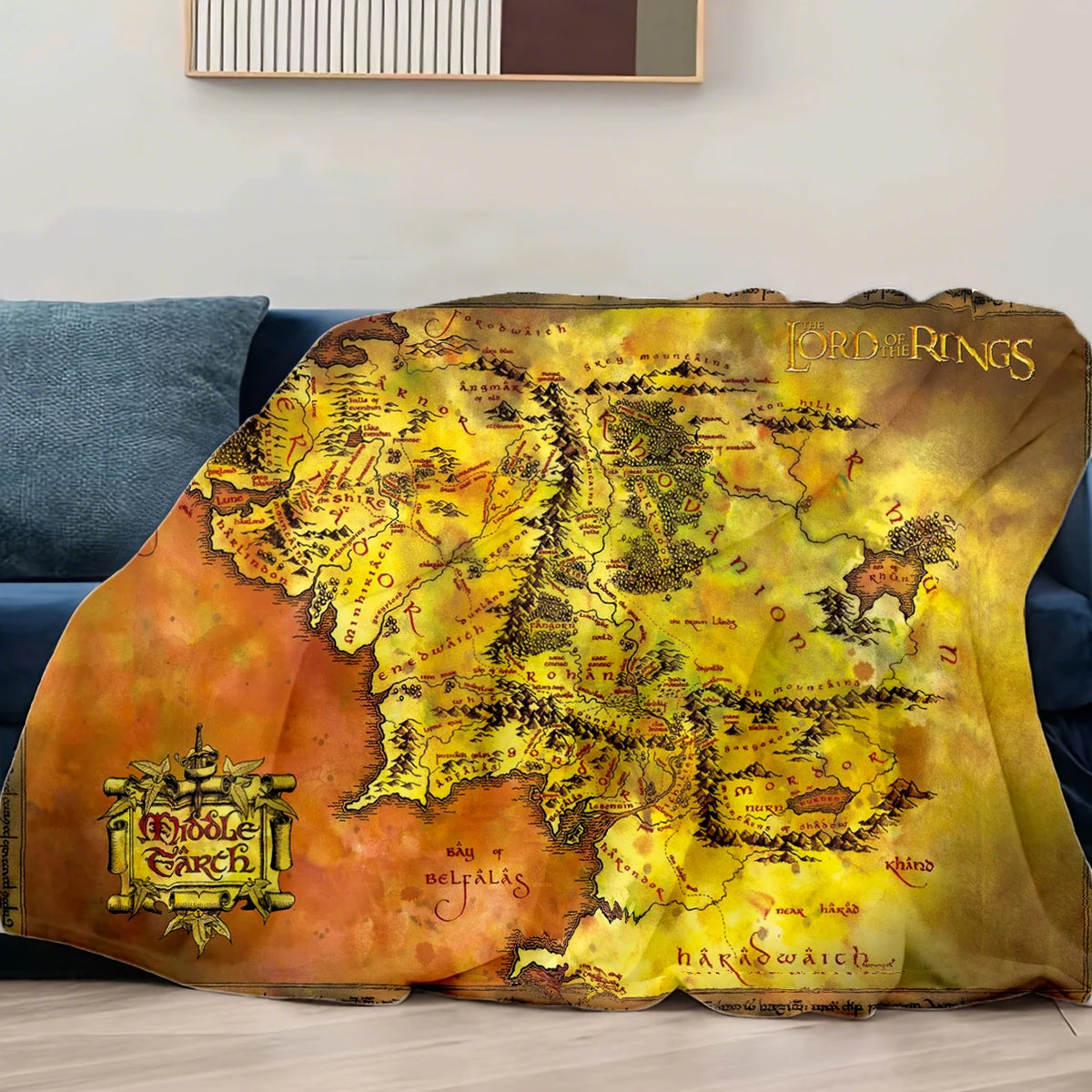 couverture vintage carte terre milieu seigneur anneaux 130x150cm polyester beigeclair lignesnoires