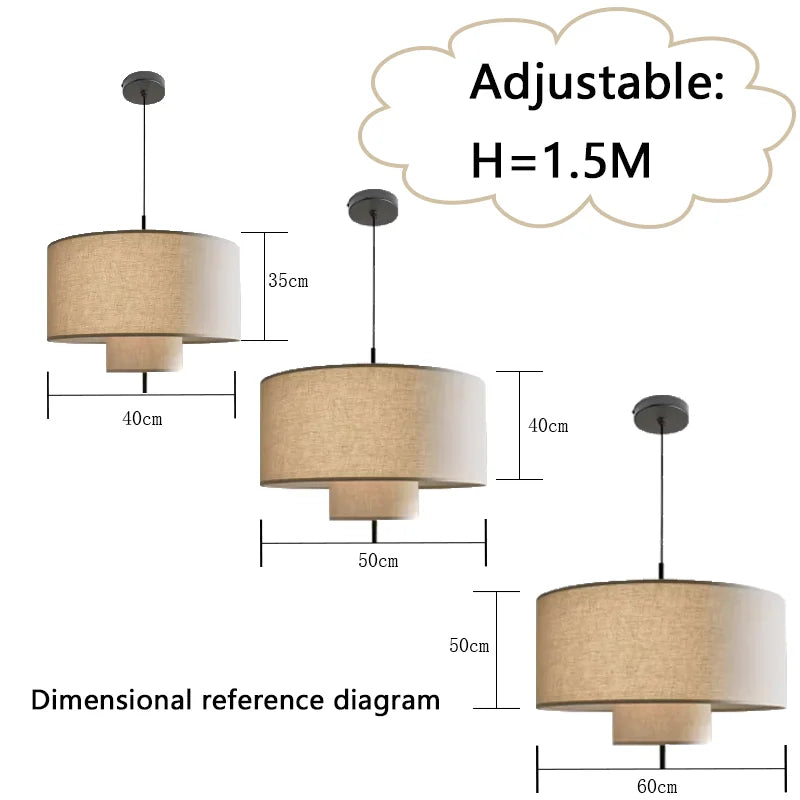 lampe suspendue tissu toile lin beige clair moderne 40cm 50cm 60cm led nature light