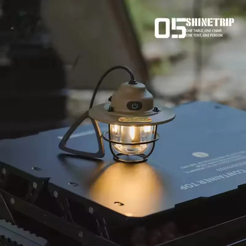 lampe camping vintage robuste noir beige gris métal verre transparent rechargeableextérieur camping portable