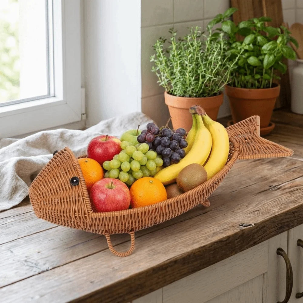 panier tressé marron clair poisson moderne rangement fruits rustique bohème facile nettoyage résistant humidité