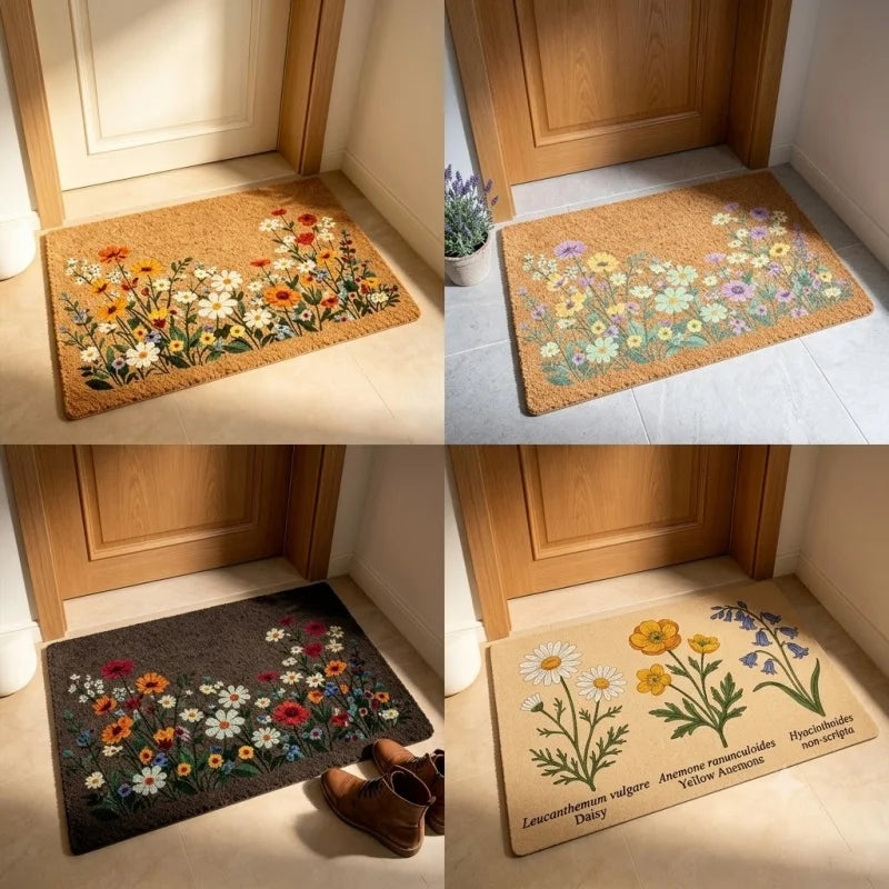 tapis porte floral résistant antibactérien 30x50cm 40x60cm marron clair beige fleurs colorées classique
