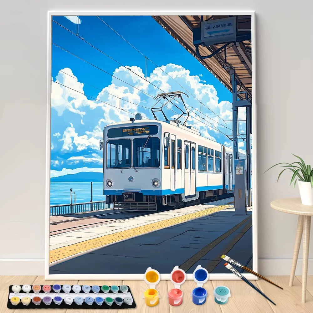 kit peinture numéros tableau paysage train toile pinceaux couleurs