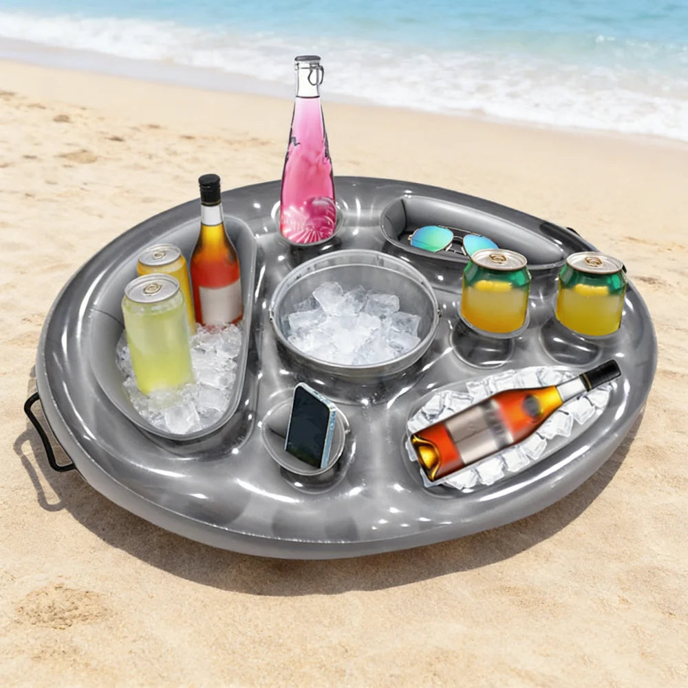 plateau flottant gonflable transparent gris compartiments boissons glace téléphone plage été