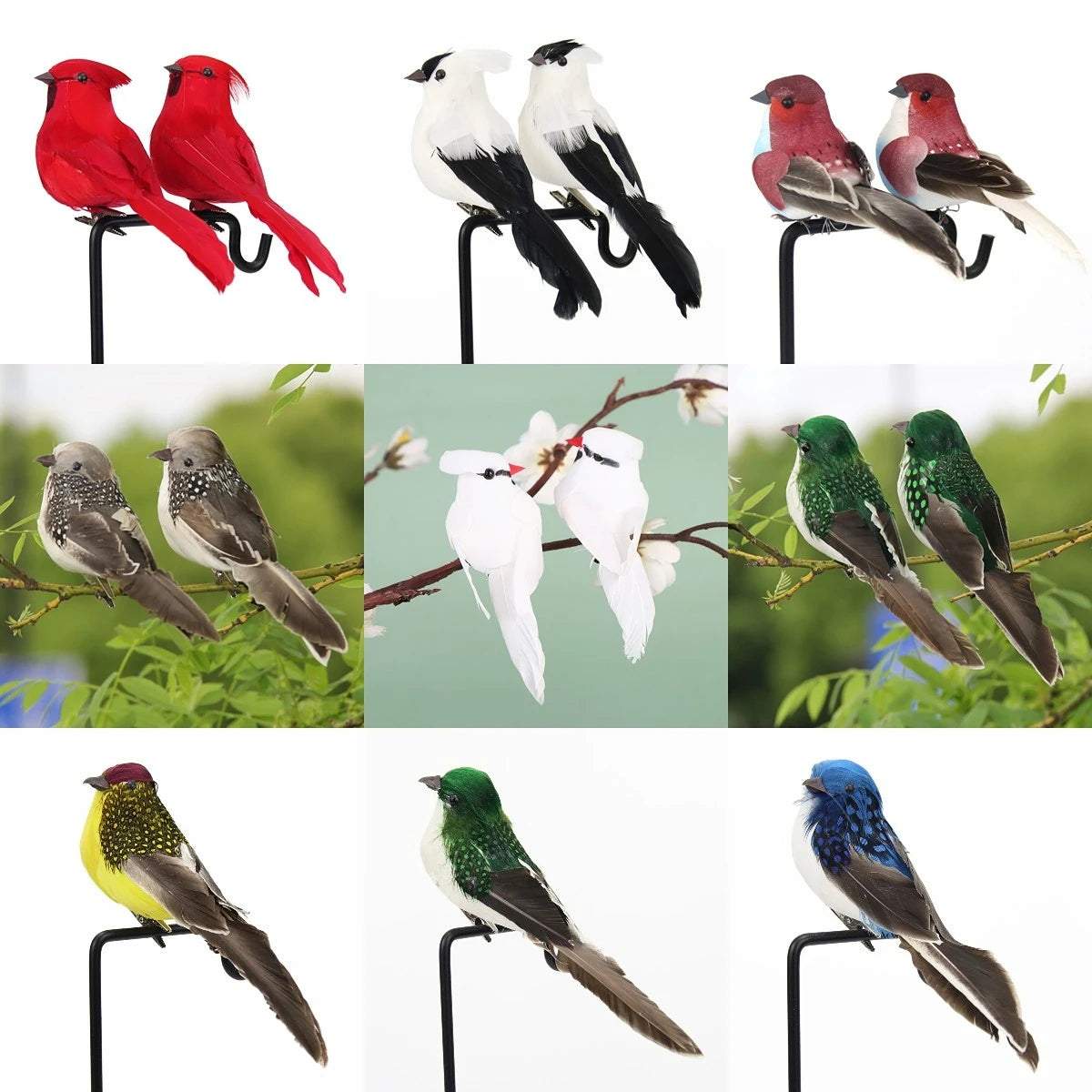 oiseau artificiel réaliste plumes colorées décoration jardin mariage bricolage clips métalliques intérieur