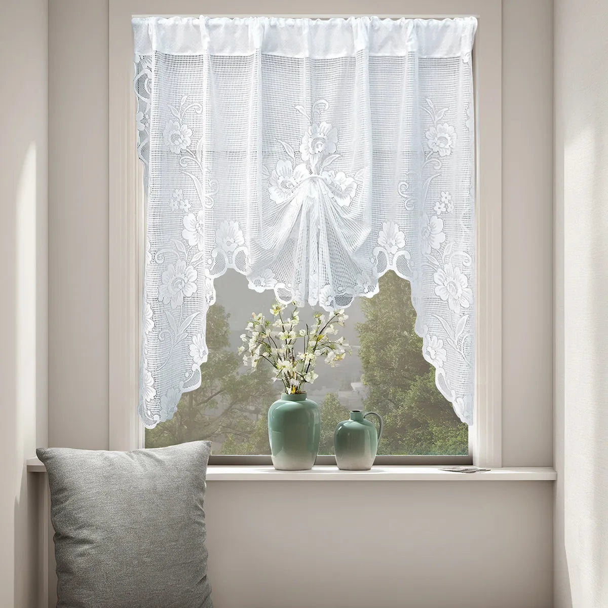 rideau blanc dentelle fleurs transparent romantique classique bordure décorative chambre cuisine