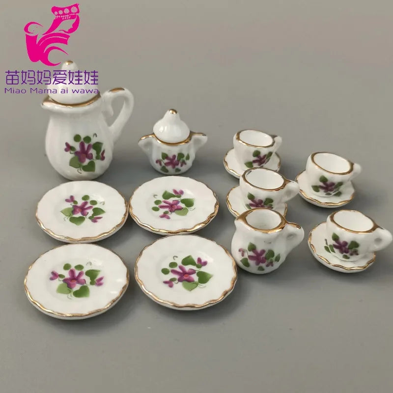 service thé miniature blanc doré rose bleu vert fleurs classique tasse théière soucoupe assiette