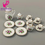 service thé miniature blanc doré rose bleu vert fleurs classique tasse théière soucoupe assiette