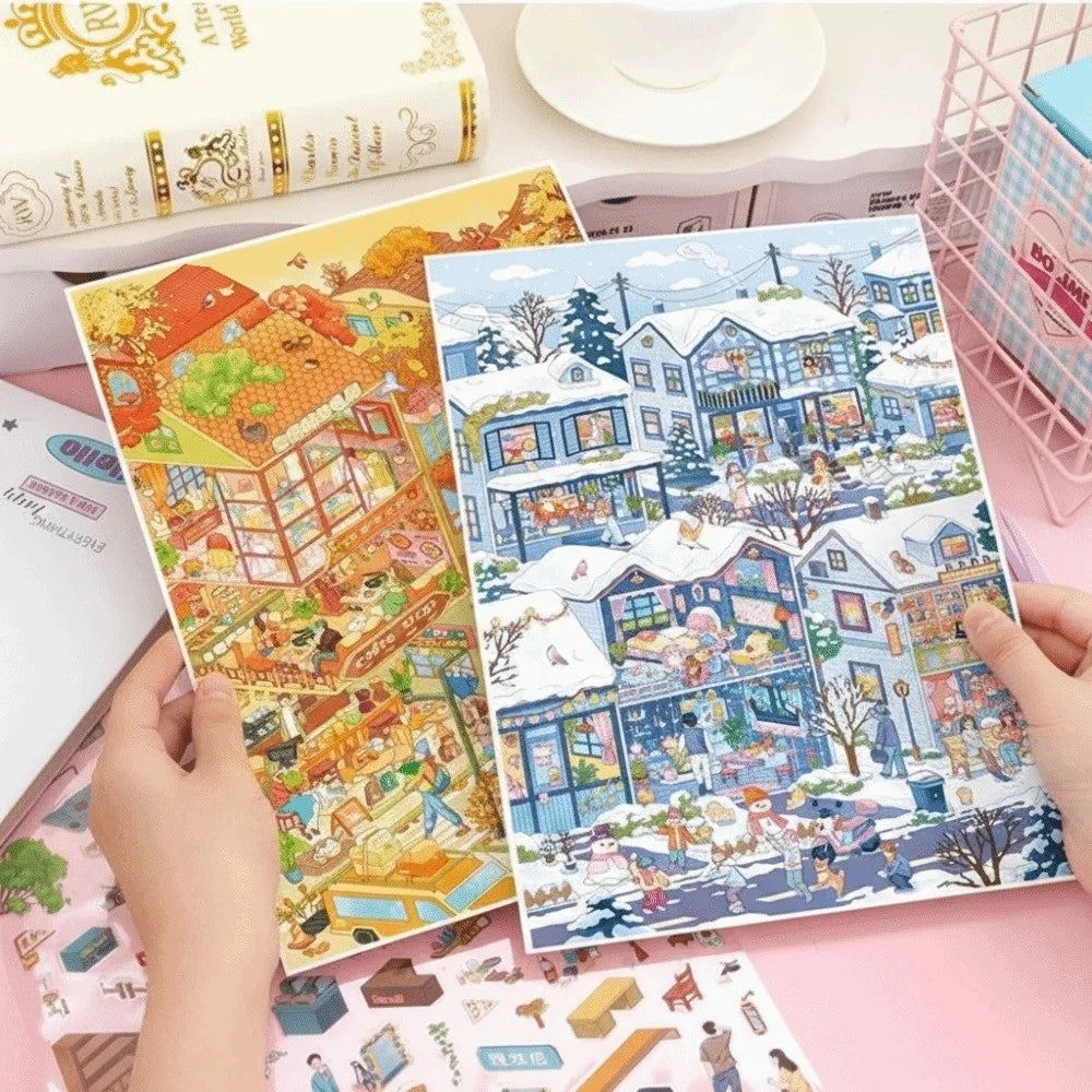 puzzle pieces adhesive multicolore ville animée isométrique illustrative enfants maison poupéesDecorationScèneMiniature