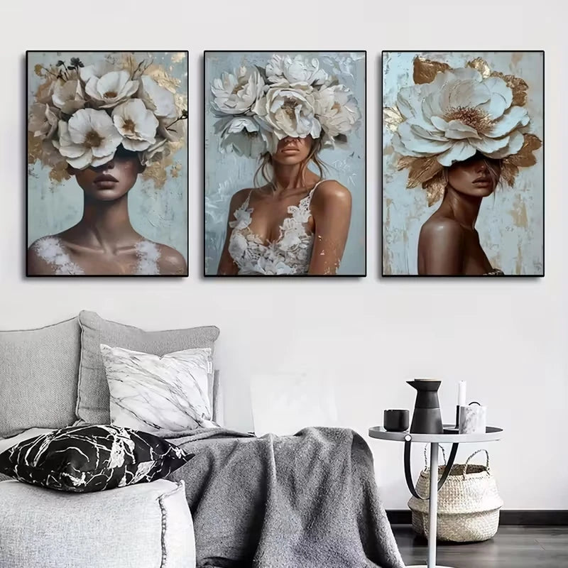 tableaux decoratifs portraits feminins fleurs texturés contemporains sans cadre trois pieces