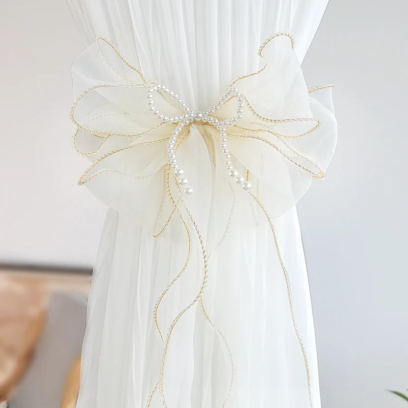 rideau fenêtre transparent rubans décoratifs nœuds dorées élégants maison vintageclair rose blanc