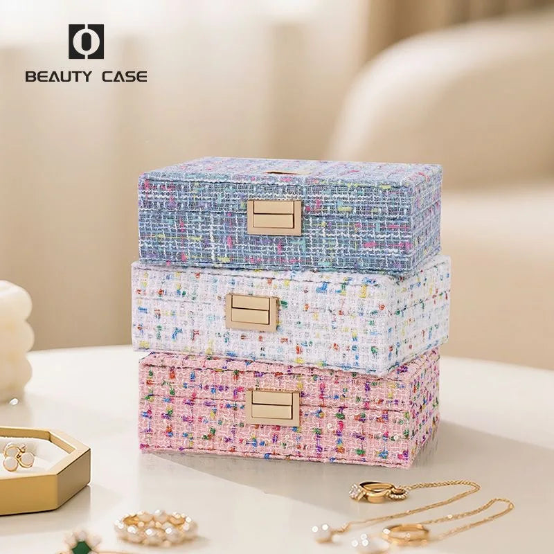 boîte bijoux tissu imprimé bleu clair compartiments poignée dorée classique opacité femmes