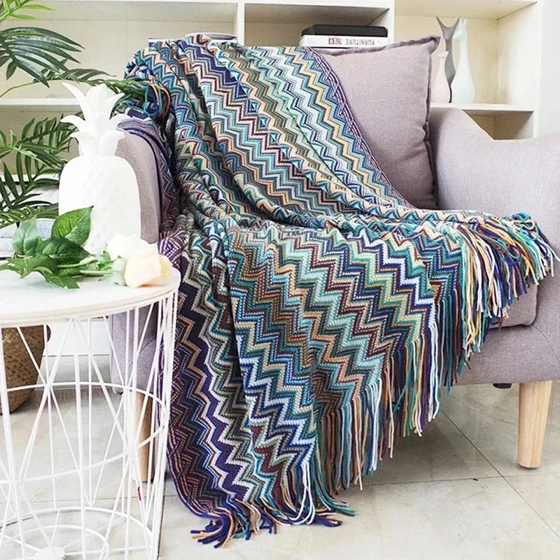 couverture multicolore zigzag ethnique portable anti boulochage acrylique polyester adultes printemps automne voyage maisonhôtel