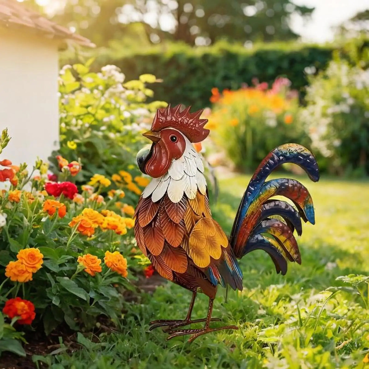 statue coq plumes colorées artisanale métal rouge blanc patio jardin extérieur ornement paysager