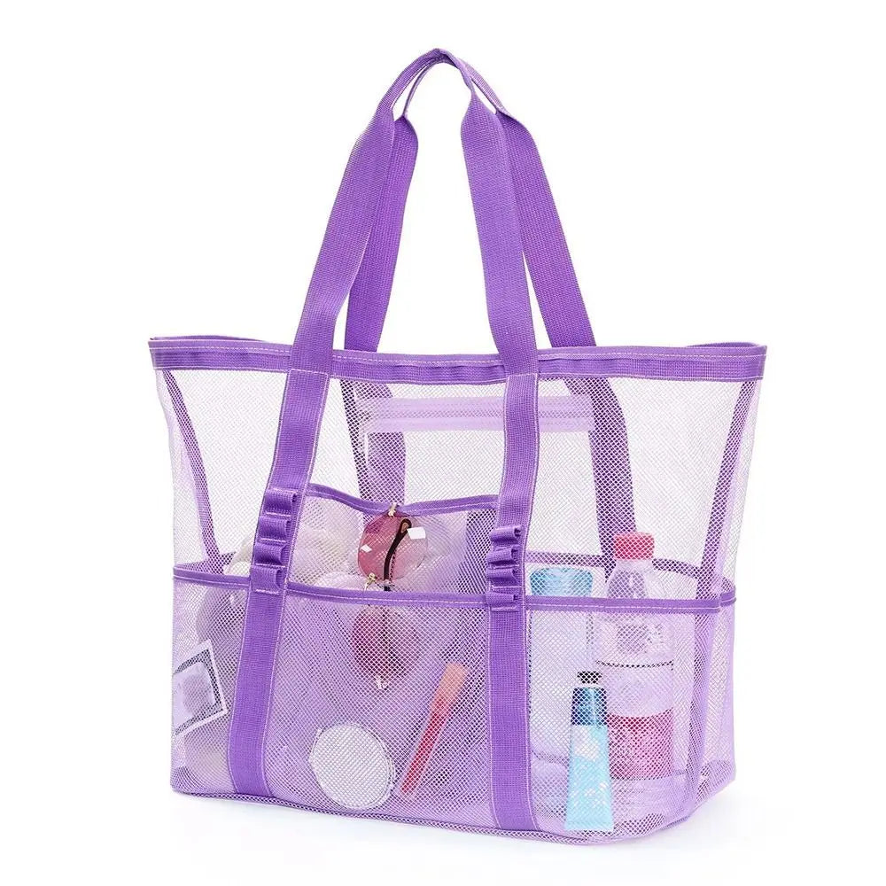 Sac plage violet noir bleu clair vert rose maille respirante réutilisable moderne poignées