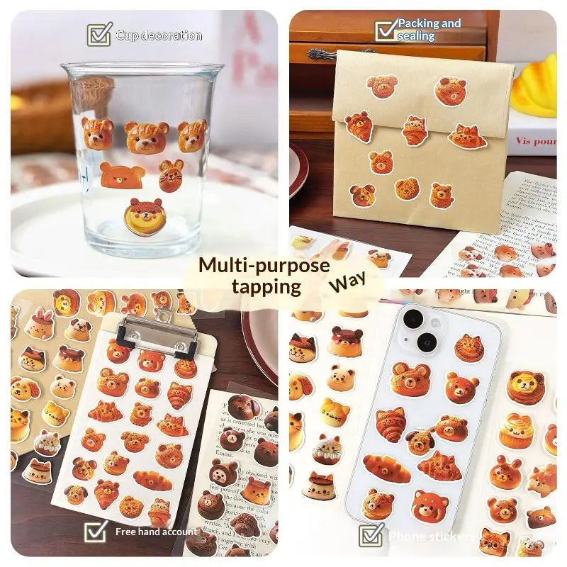 stickers 3d relief transparents pain ours bébé chat marron beige doré scrapbooking téléphone