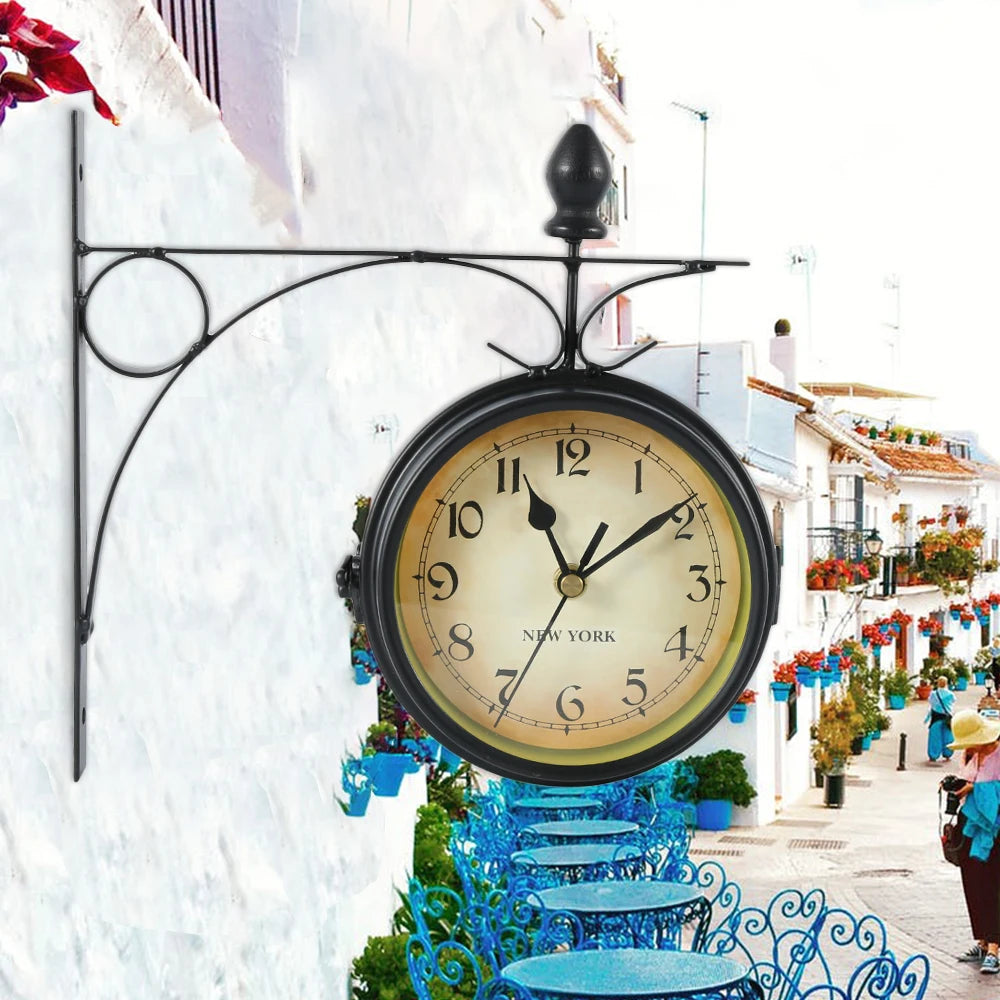 horloge murale double face vintage noir décoration rétro clips métal étude
