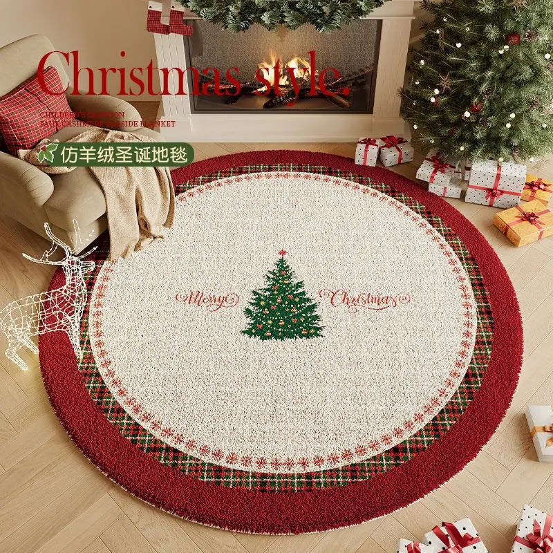 tapis circulaire noël rouge vert blanc carreaux flocons arbre bordure décorative résistant antidérapant polyester