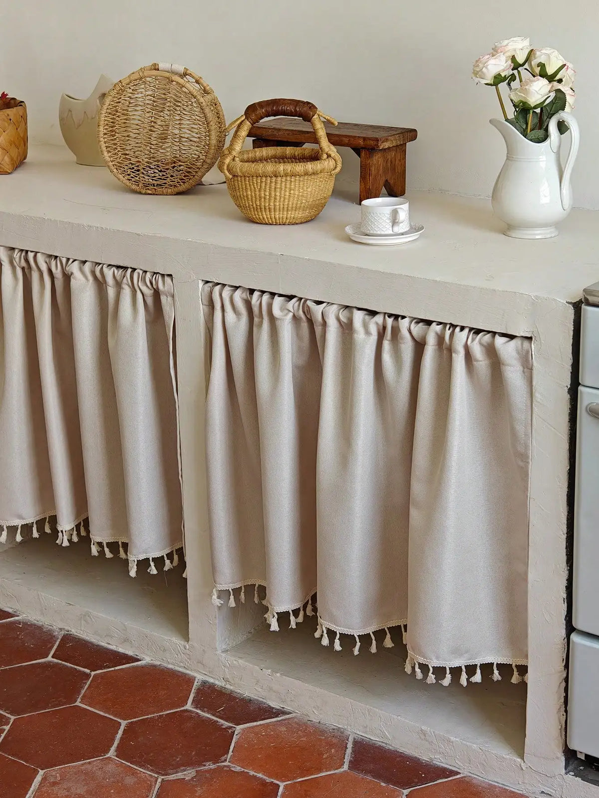 rideau cuisine beige classique 100 polyester opaque franges 30 70 90 cm