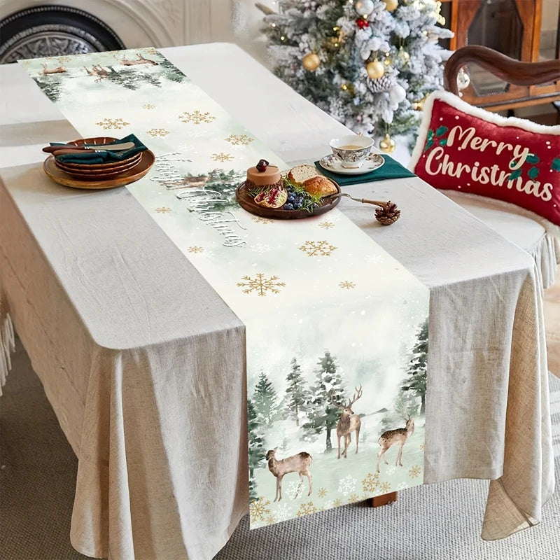 changement saison décoration noël chemin table flocons neige santa clause forêt cerfs motifs géométriques