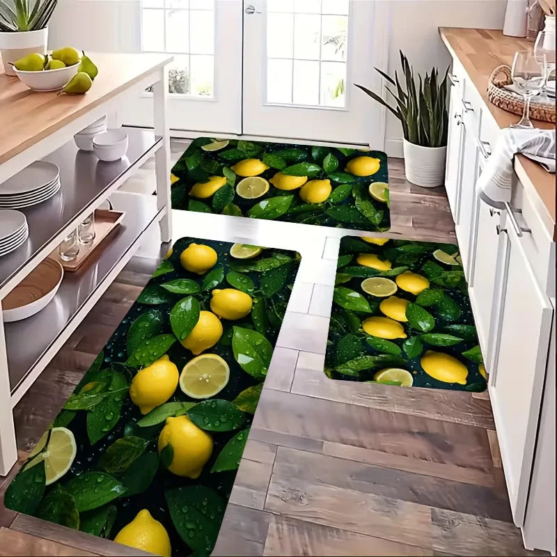 tapis sol antidérapant citrons feuilles moderne jaune vert texture douce
