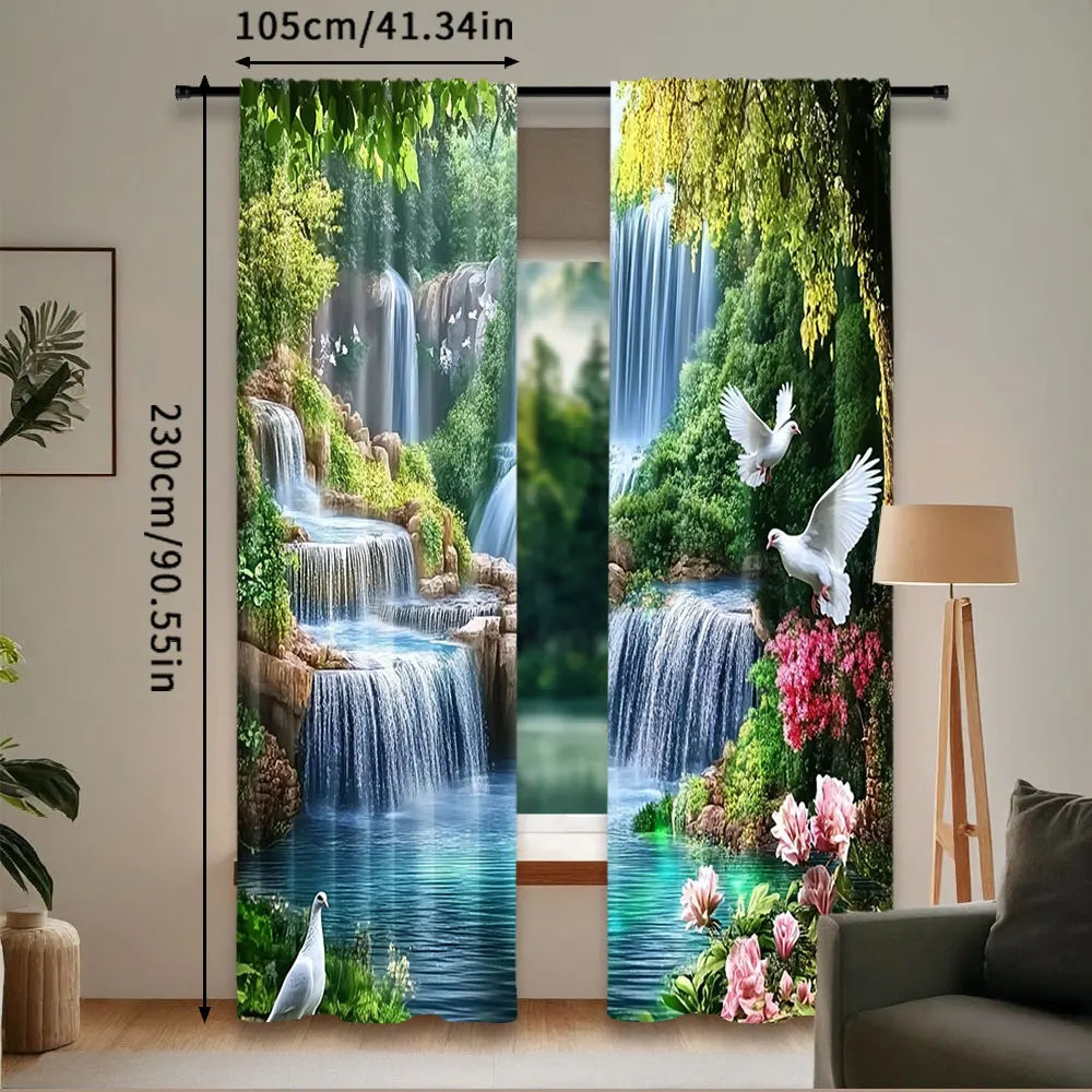 rideau naturel cascade végétation oiseaux blancs roses fleurs verte bleue marron pastoral 105x230cm
