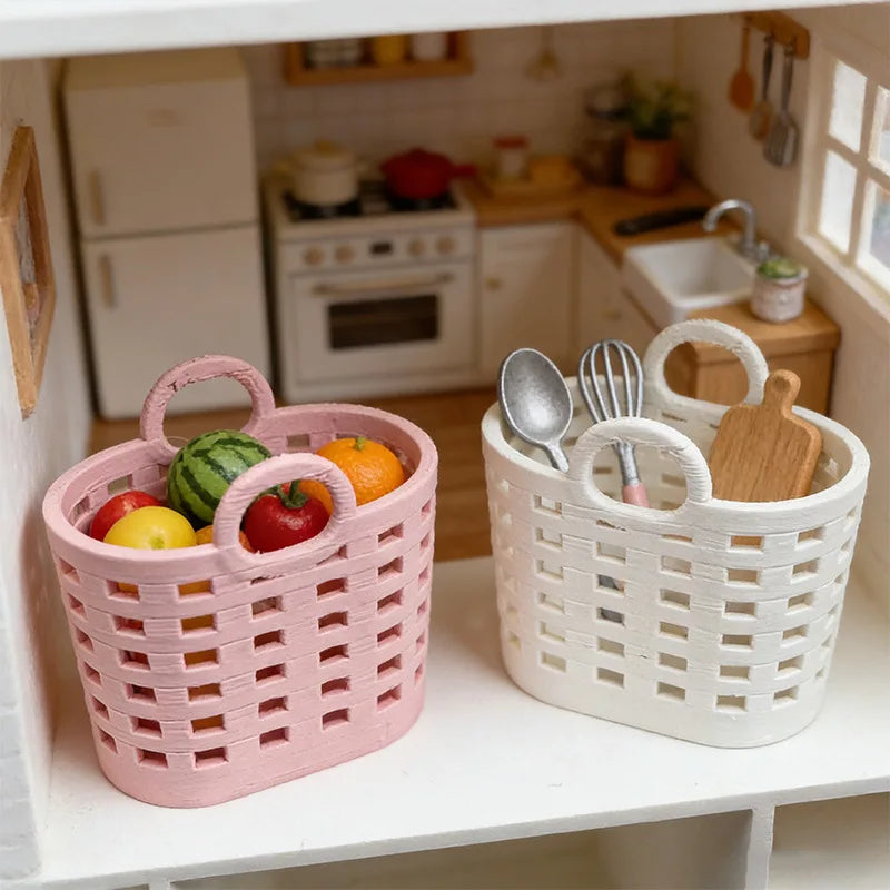 panier tissé rose blanc moderne anneaux fruits poupée accessoire rangement maison jouet