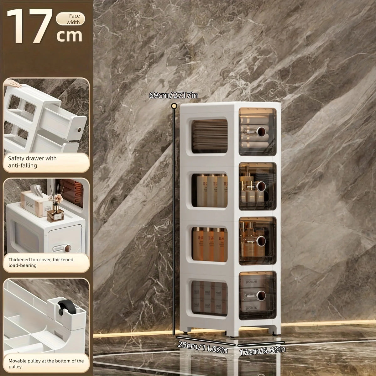 meuble rangement blanc moderne tiroirs transparents rayures diagonales noires pliable porte bouteilles cosmétiques