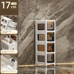meuble rangement blanc moderne tiroirs transparents rayures diagonales noires pliable porte bouteilles cosmétiques
