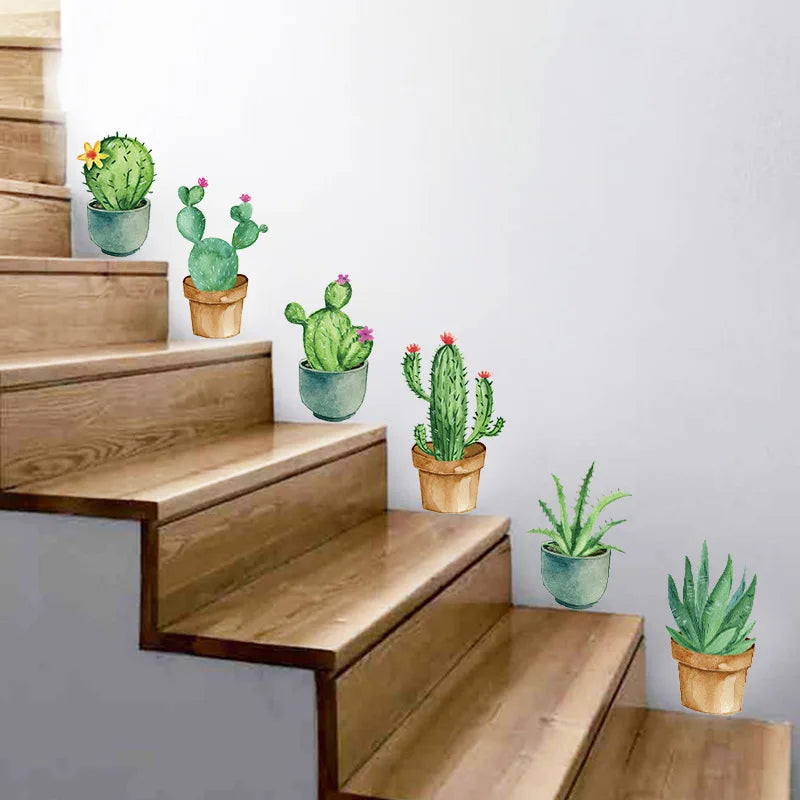 sticker mural cactus floral illustration aquarelle adhésif vert beige bleu
