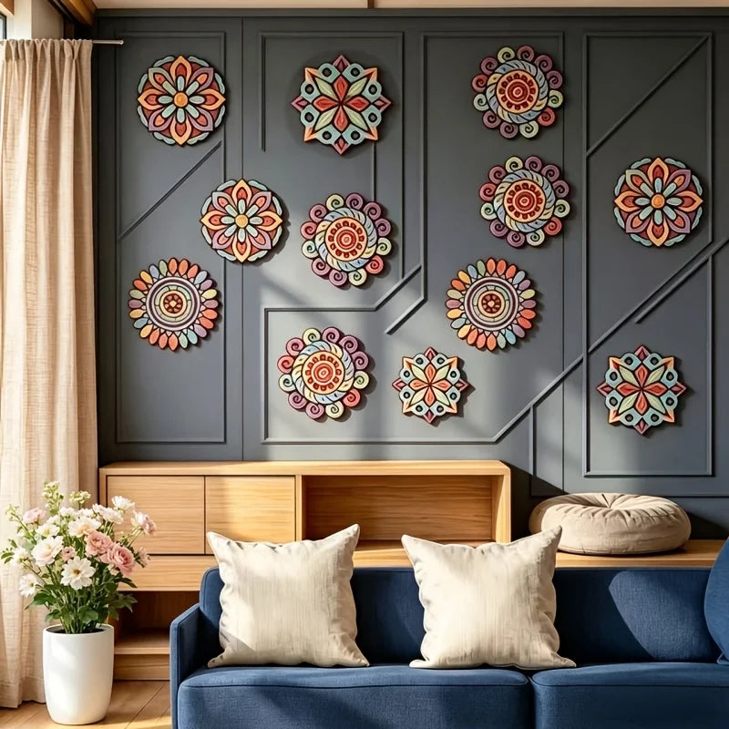 coasters bois non fini mandala multicolore géométrique artisanal décoratif adhésif pièces colorier bricolage