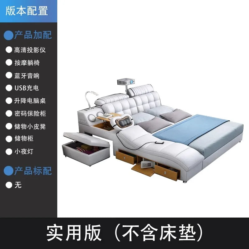 lit multifonctionnel moderne simili cuir blanc bleu clair rangement intégré tapis lampe table chevet