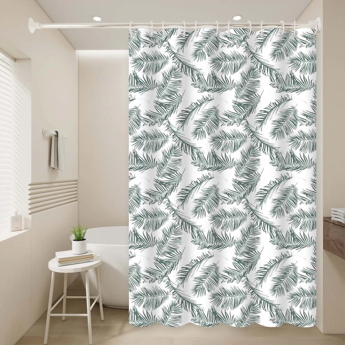 rideau douche moderne feuilles palmier blanc vert respectueux environnement anneau toilette