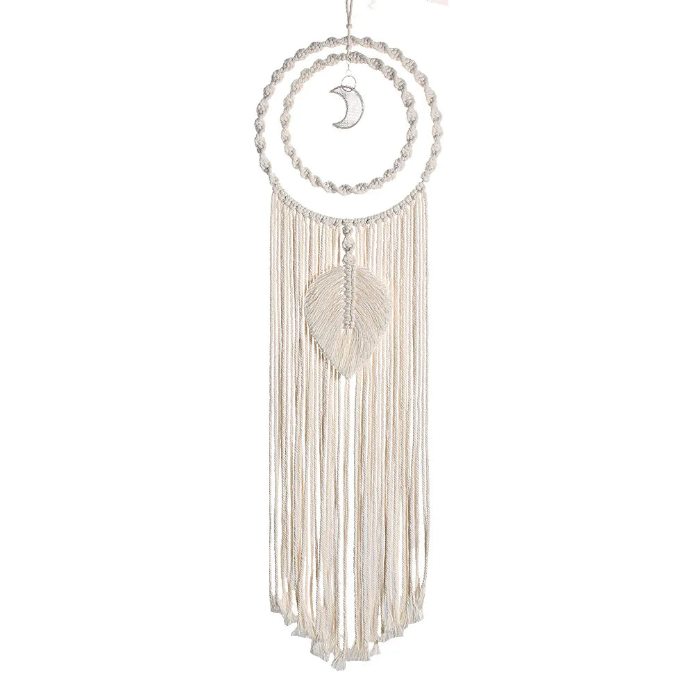 décoration murale attrape rêves bohème crème blanc cassé franges tressage métal argenté ethnique suspension
