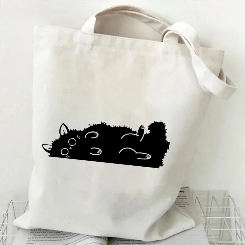 sac main femme toile chat cartoon noir blanc motifs animaux décontracté sans fermeture éclair