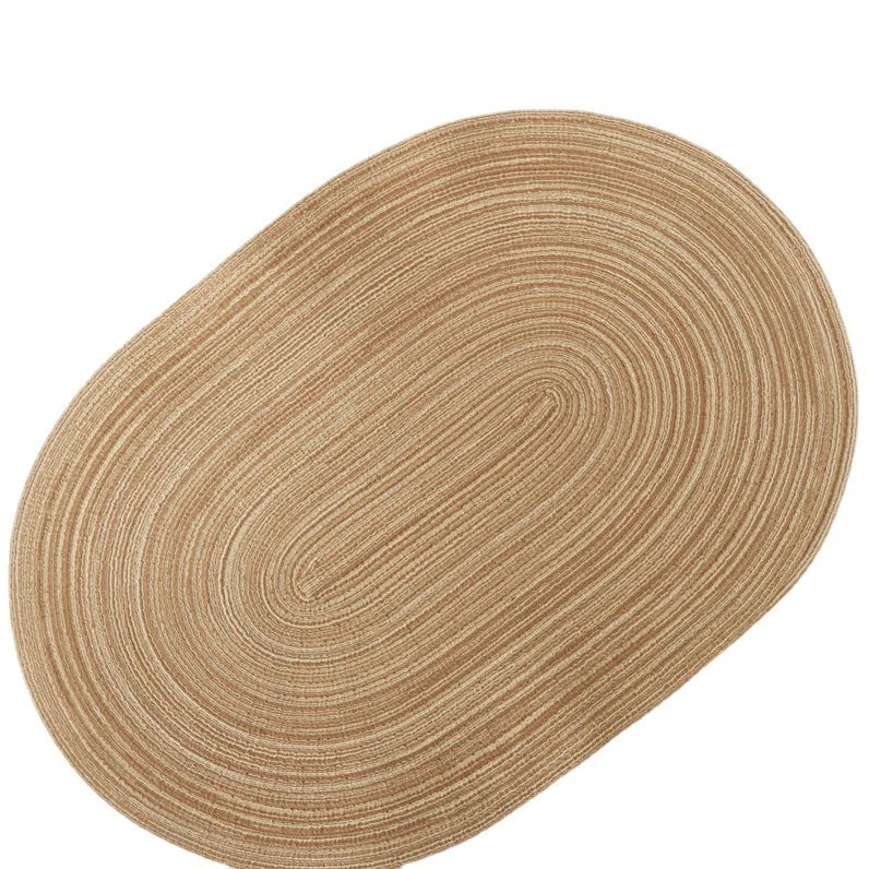tapis table moderne rayures horizontales marron clair assiettes fourchettes cuillères serviettes feuilles gâteau fleurs