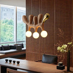 Suspension lumineuse contemporaine bois marron clair doré noir trois ampoules blanches salon restaurant chambre