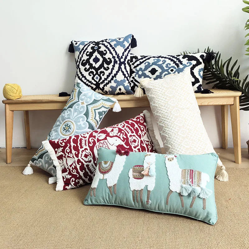 coussin boho carré 45x45cm beige motif géométrique brodé tassel déco siège voiture